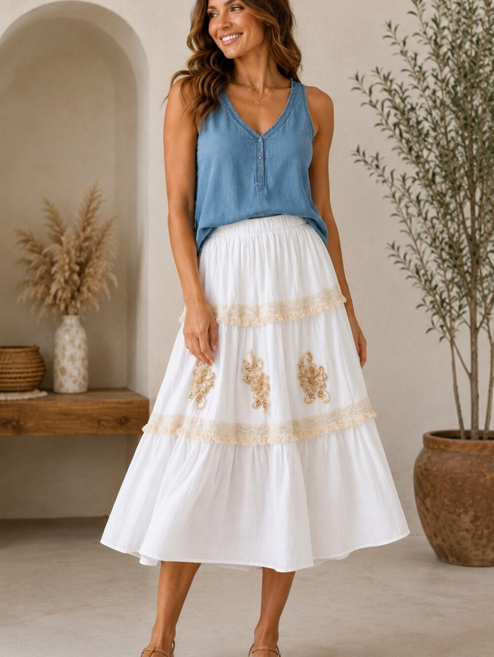 ADDCONFDT White Boho Midi Skirt Beaded Floral Applique Crochet Fringe Size M NW